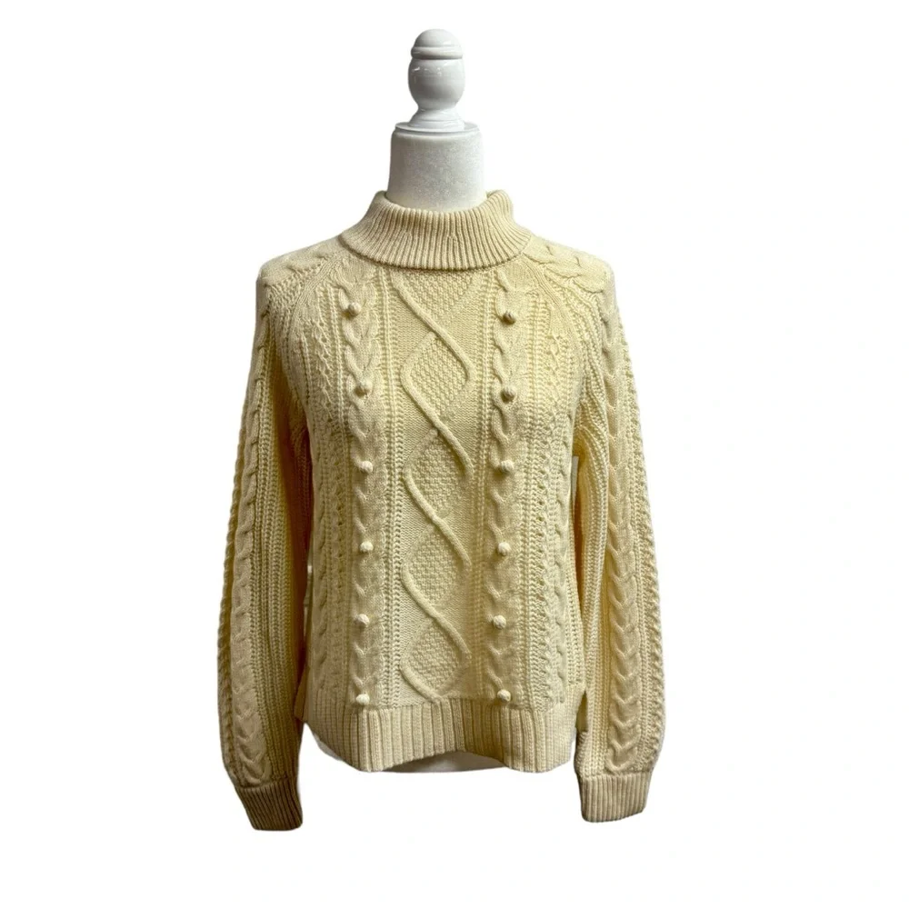 NEW J. Crew Pom-Pom Cable-Knit Pullover Crew Neck Sweater Natural Cream Small